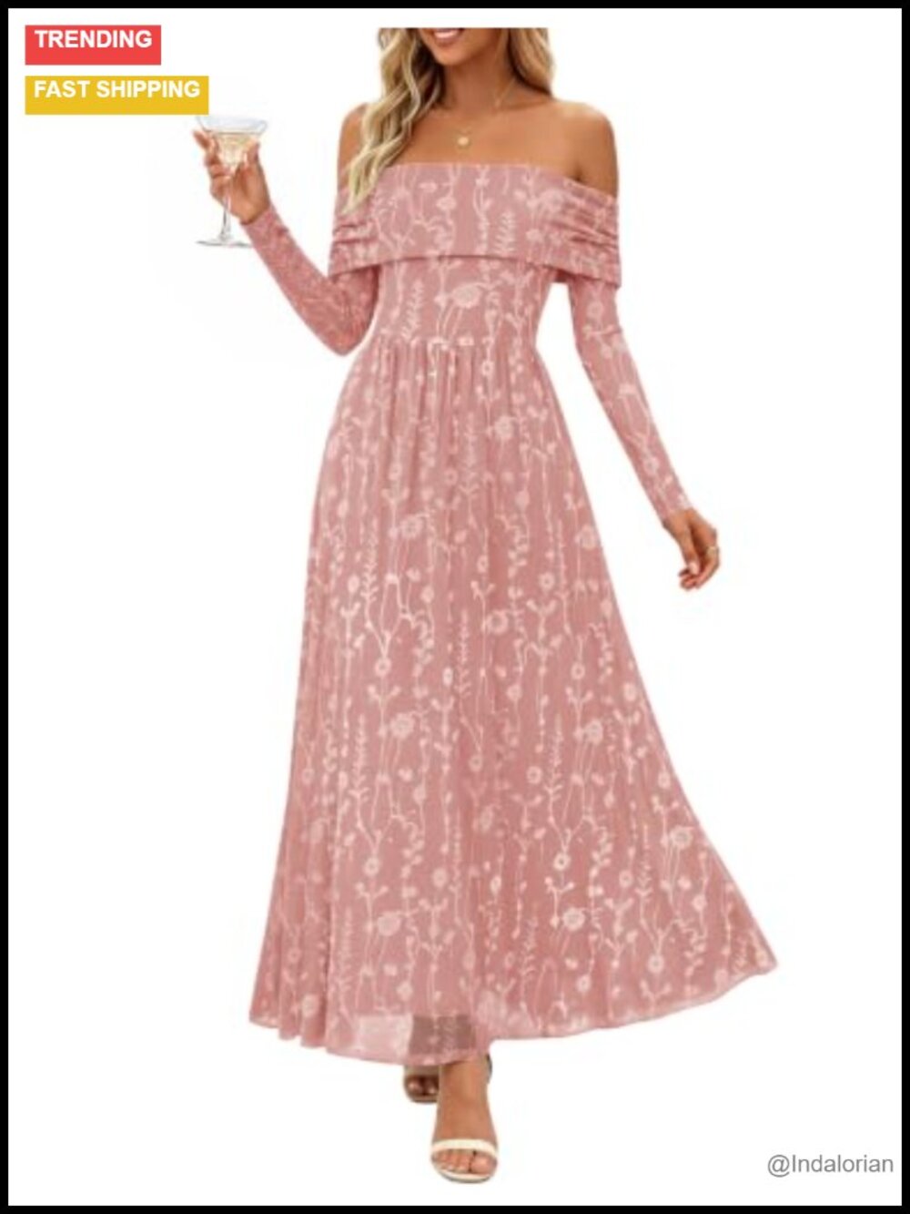 Floral Off Shoulder Maxi Dress Long Sleeve Mesh Formal Wedding Guest